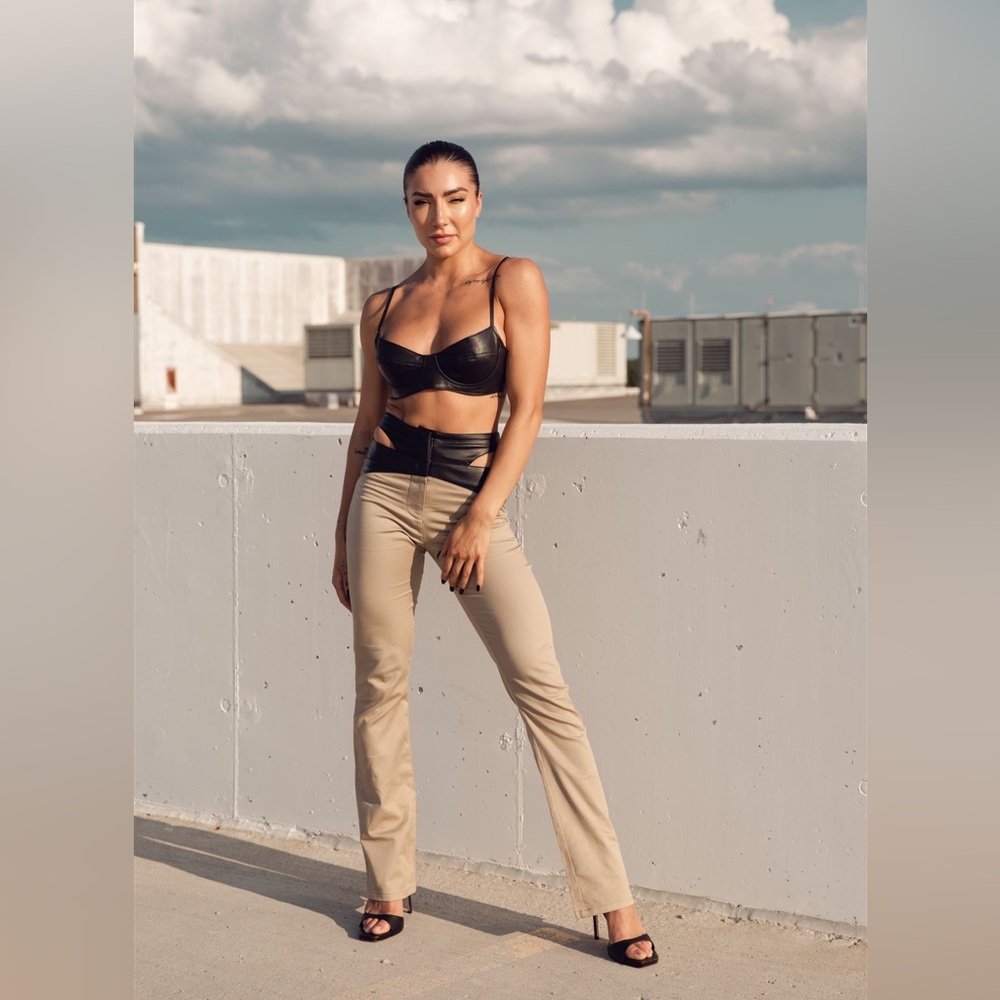 Two toned denim and leather pant